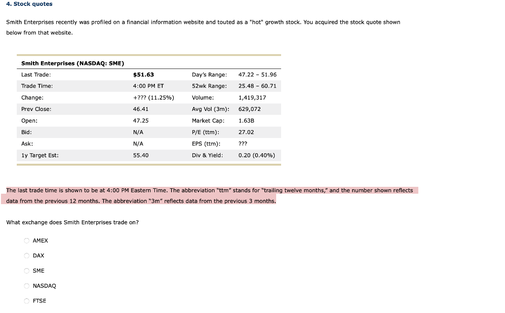 4. Stock quotes Smith Enterprises recently was profiled on a financial