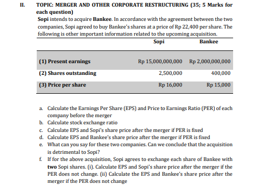 F II. TOPIC: MERGER AND OTHER CORPORATE RESTRUCTURING (35; 5 Marks