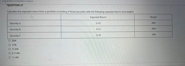  Question Completion Status: QUESTION 21 Calculate the expected return from a