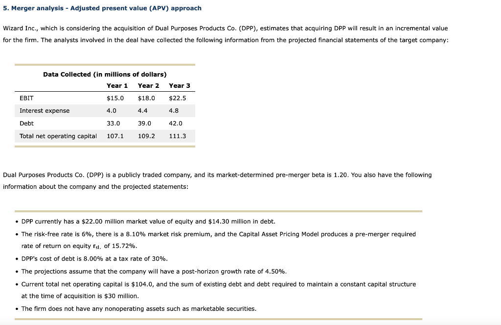  5. Merger analysis - Adjusted present value (APV) approach Wizard Inc.,