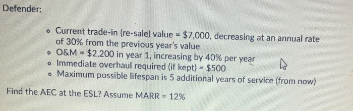  Defender: o Current trade-in (re-sale) value = $7,000, decreasing at an