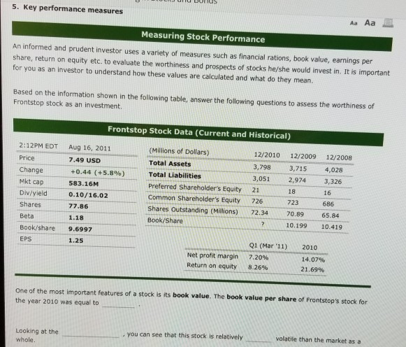  5. Key performance measures Measuring Stock Performance An informed and prudent