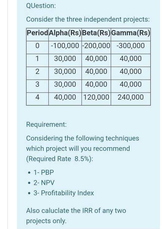 please solve as the excel sheet Question: Consider the three independent projects: