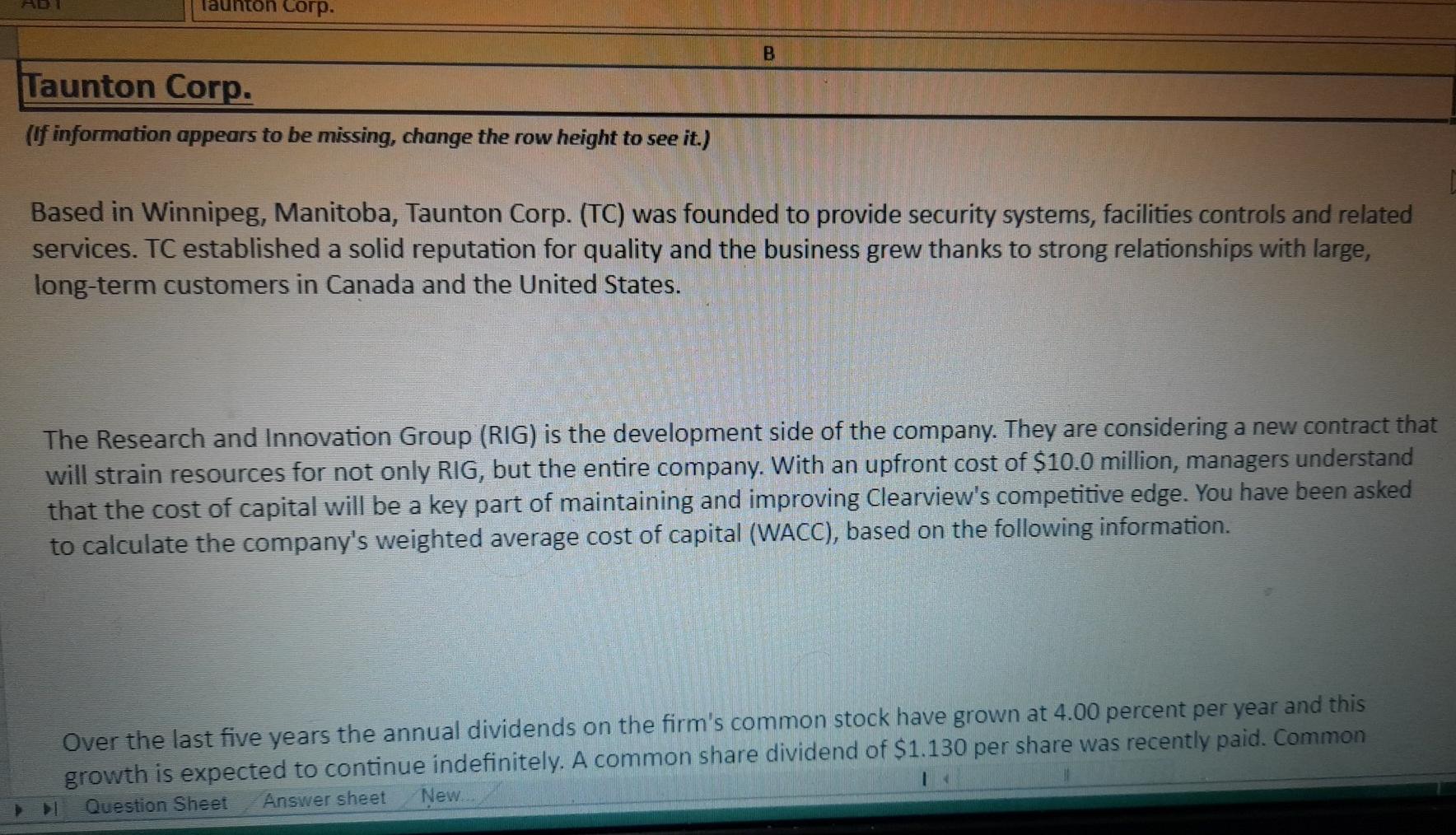 Corp. B Taunton Corp. (If information appears to be missing, change
