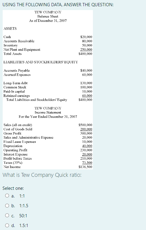  USING THE FOLLOWING DATA, ANSWER THE QUESTION: TEW COMPANY Balance Sheet