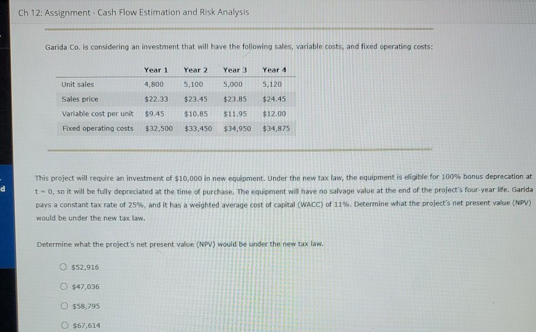 Ch 12: Assignment - Cash Flow Estimation and Risk Analysis Garida