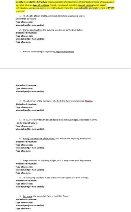  Identify the underlined structure couse/post/reposition phase/post participle phrase/present participle phrase type