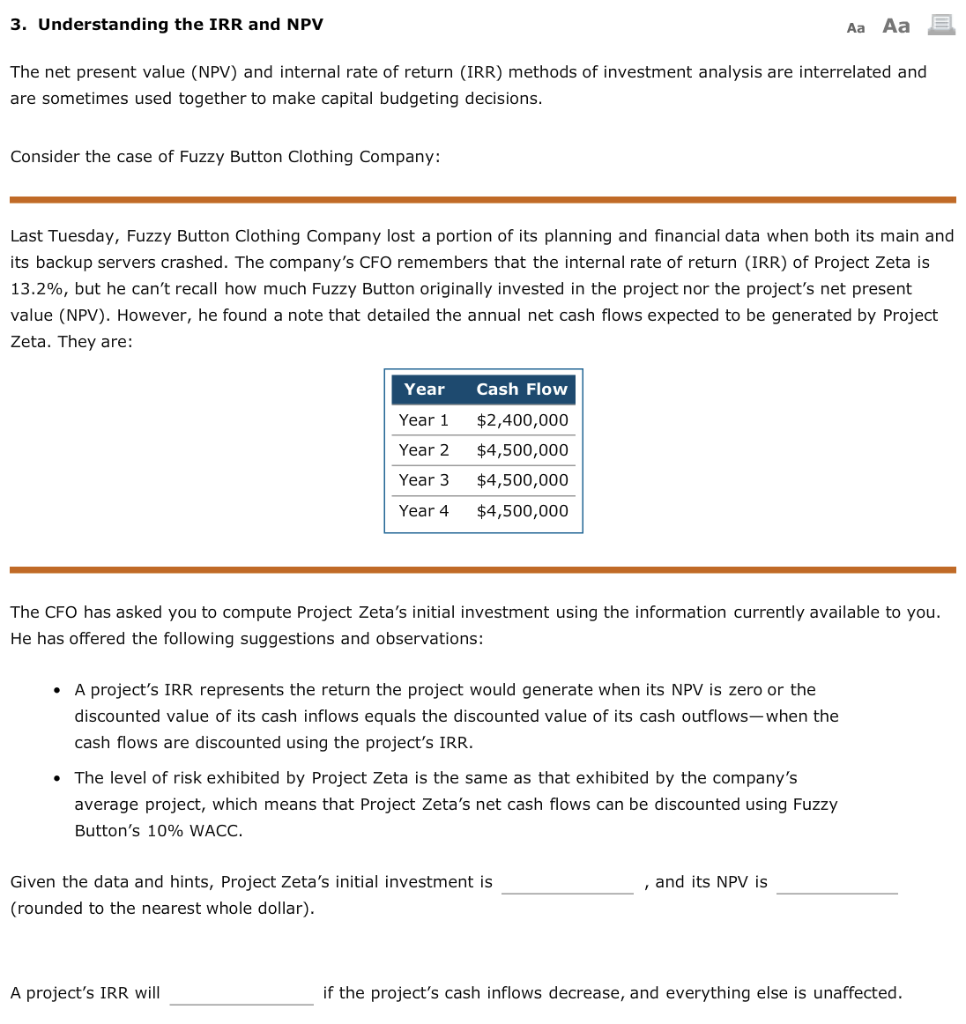 3. Understanding the IRR and NPV Aa Aa E The net