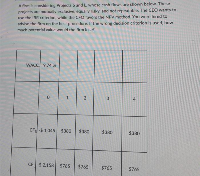  A firm is considering Projects S and L, whose cash flows