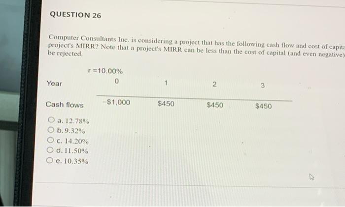b QUESTION 26 Computer Consultants Inc. is considering a project that has