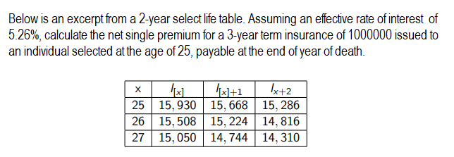  Below is an excerpt from a 2-year select life table. Assuming