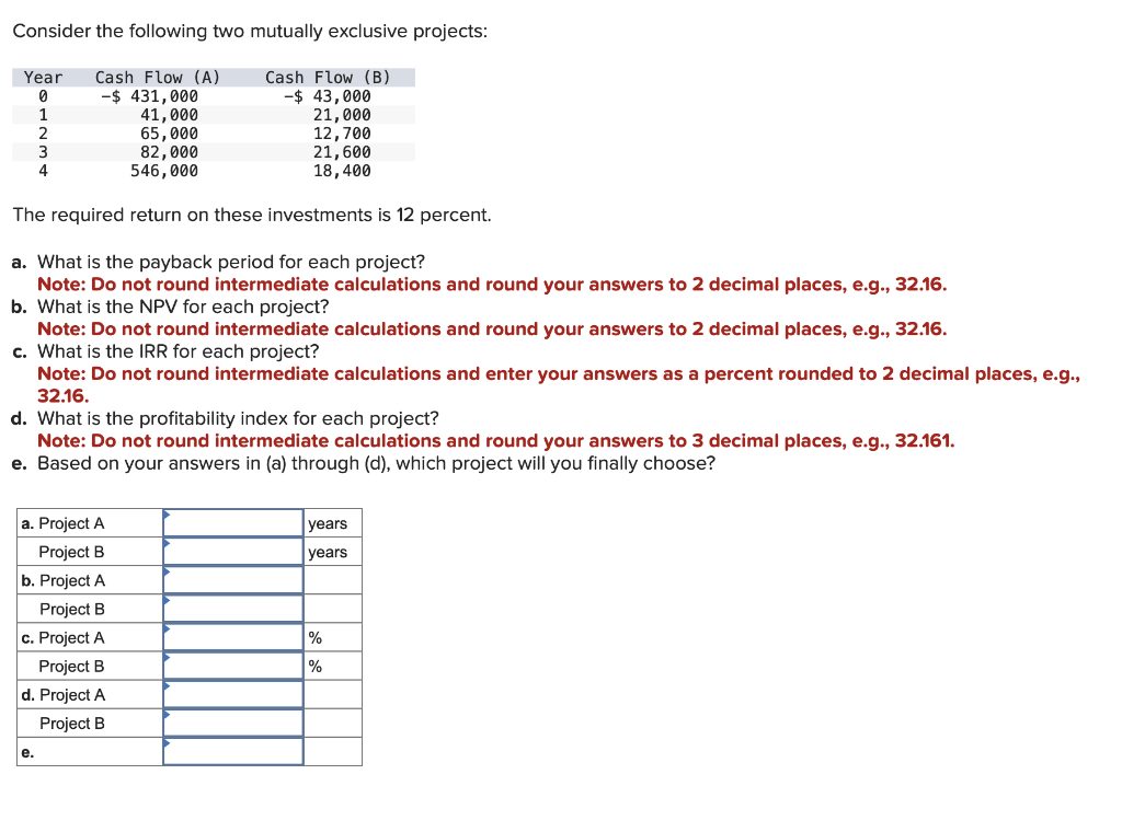  Consider the following two mutually exclusive projects: The required return on