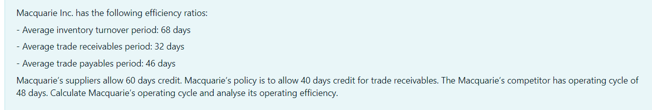  Macquarie Inc. has the following efficiency ratios: - Average inventory turnover