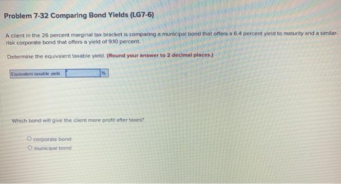 entry level finance Problem 7-32 Comparing Bond Yields (LG7-6) A client in