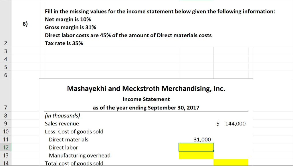  Fill in the missing values for the income statement below given