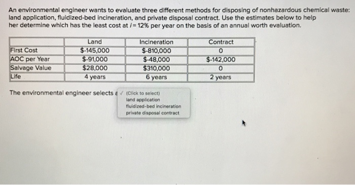  An environmental engineer wants to evaluate three different methods for disposing