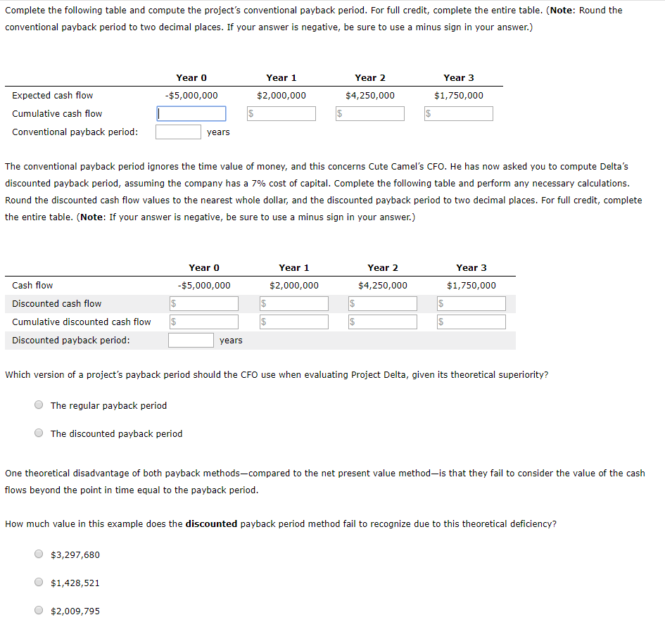 Complete the following table and compute the project's conventional payback period.
