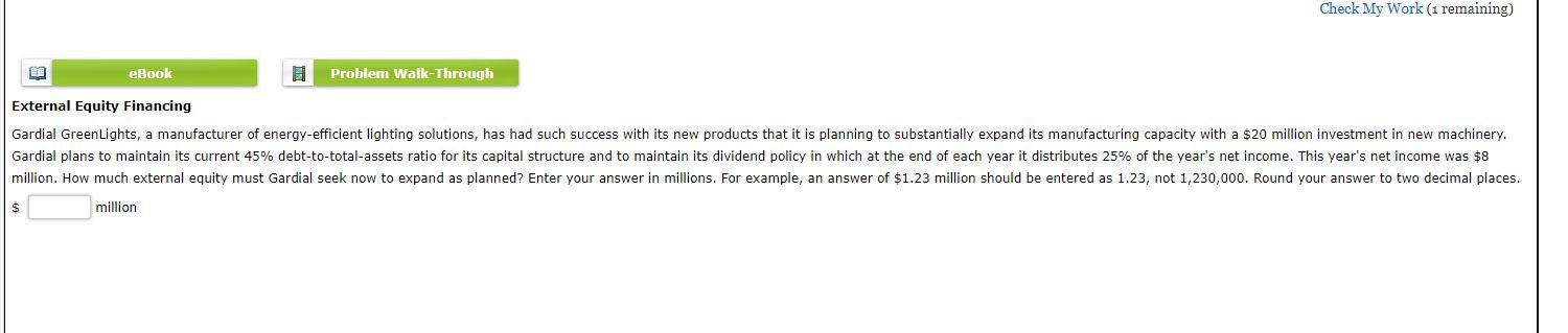 Check My Work (1 remaining) eBook H Problem Walk-Through External Equity