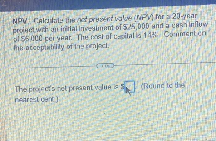  NPV Calculate the net present value (NPV) for a 20 -year