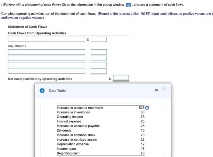 the popup window, LOADING..., prepare a statement of cash flows. Water /