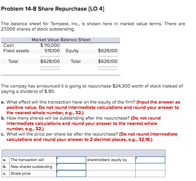  Problem 14-8 Share Repurchase (LO 4] The balance sheet for Tempest,