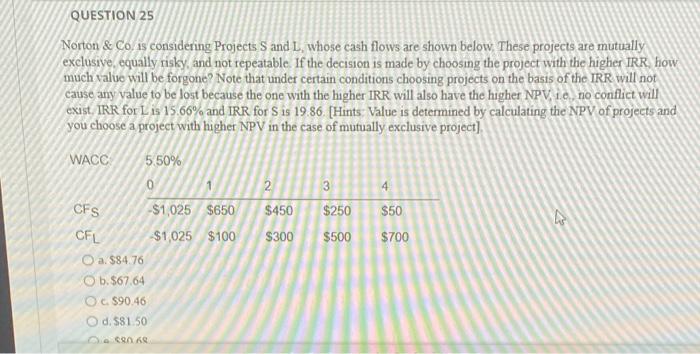  QUESTION 25 Norton & Co. is considering Projects S and L,