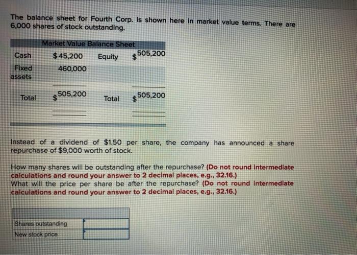  The balance sheet for Fourth Corp. is shown here in market