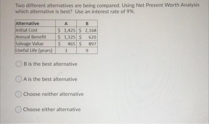  Two different alternatives are being compared. Using Net Present Worth Analysis