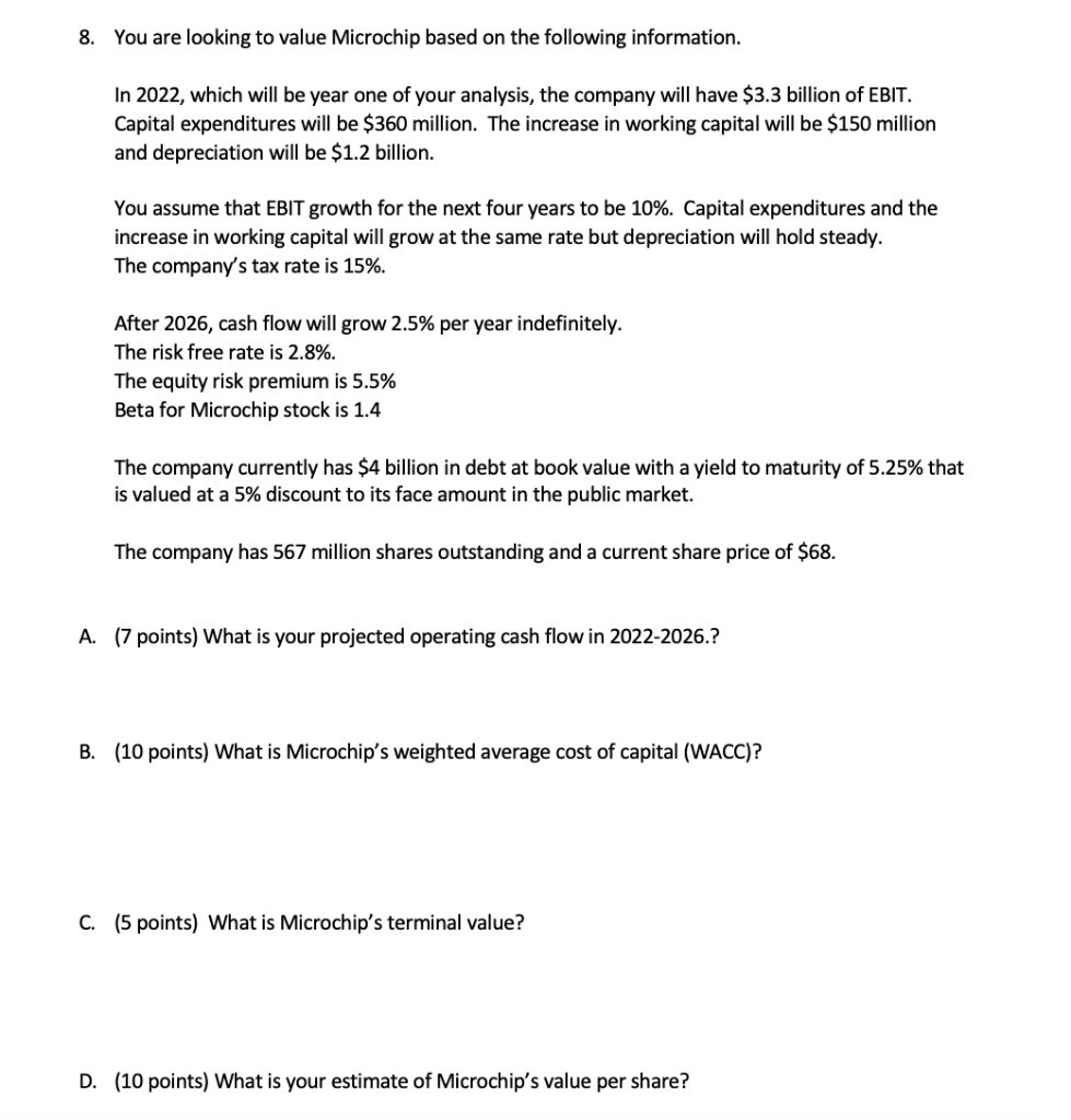8. You are looking to value Microchip based on the following