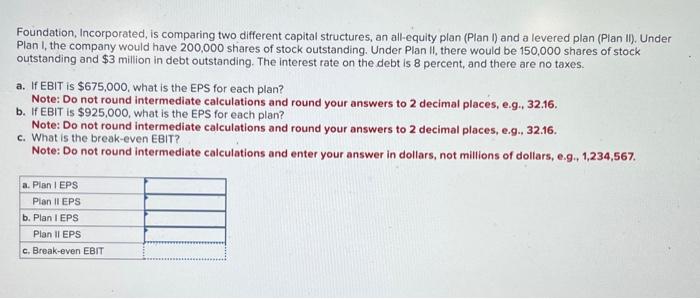 Foundation, Incorporated, is comparing two different capital structures, an all-equity plan