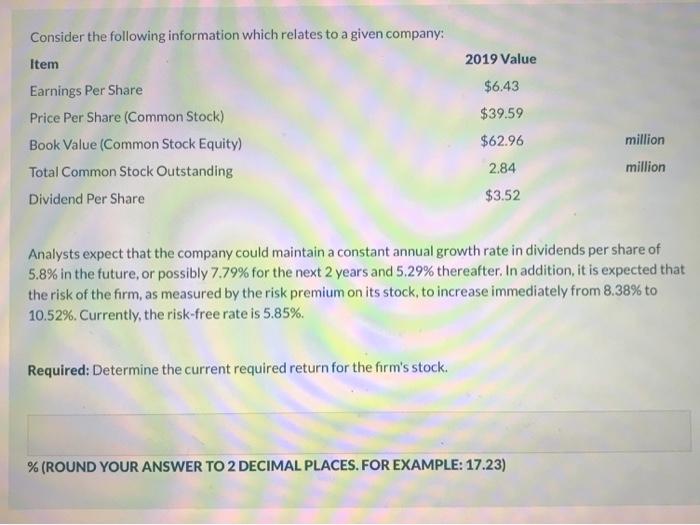  2019 Value $6.43 Consider the following information which relates to a