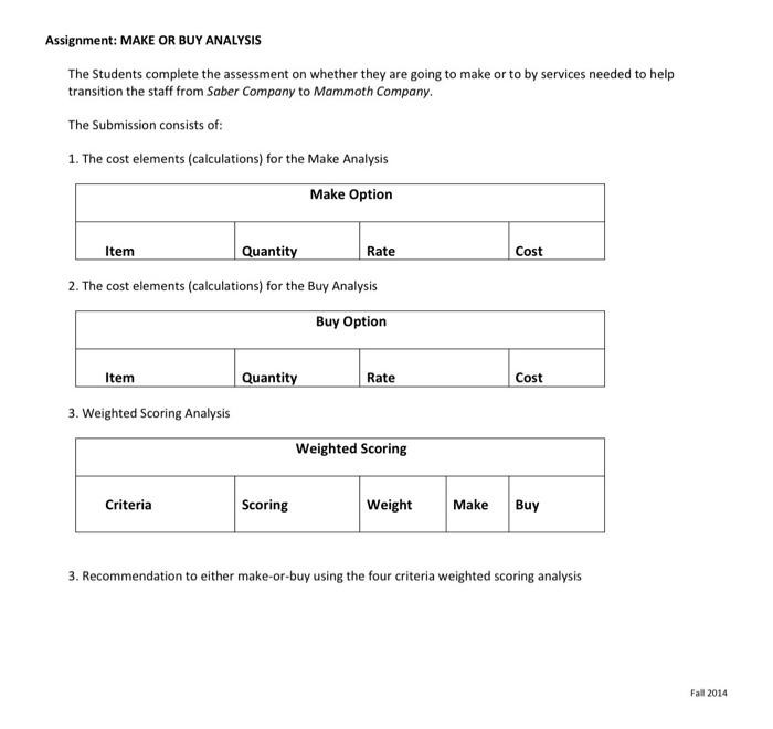  Assignment: MAKE OR BUY ANALYSIS The Students complete the assessment on