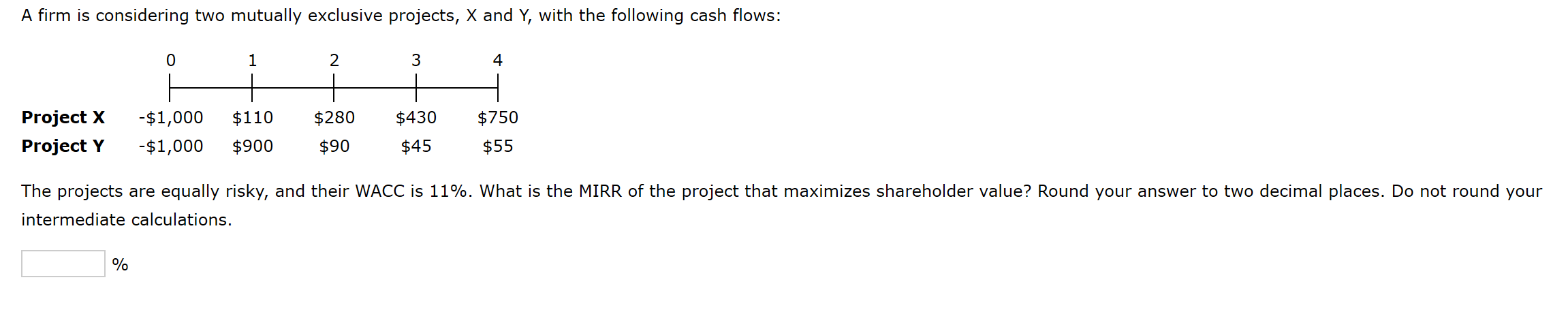 A firm is considering two mutually exclusive projects, X and Y,