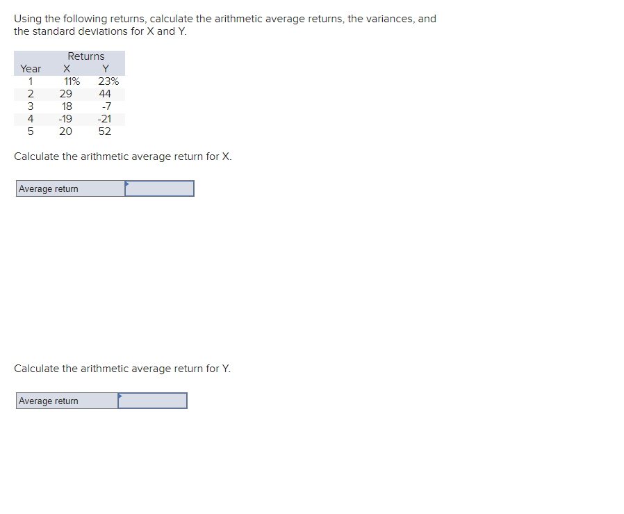 Using the following returns, calculate the arithmetic average returns, the variances,