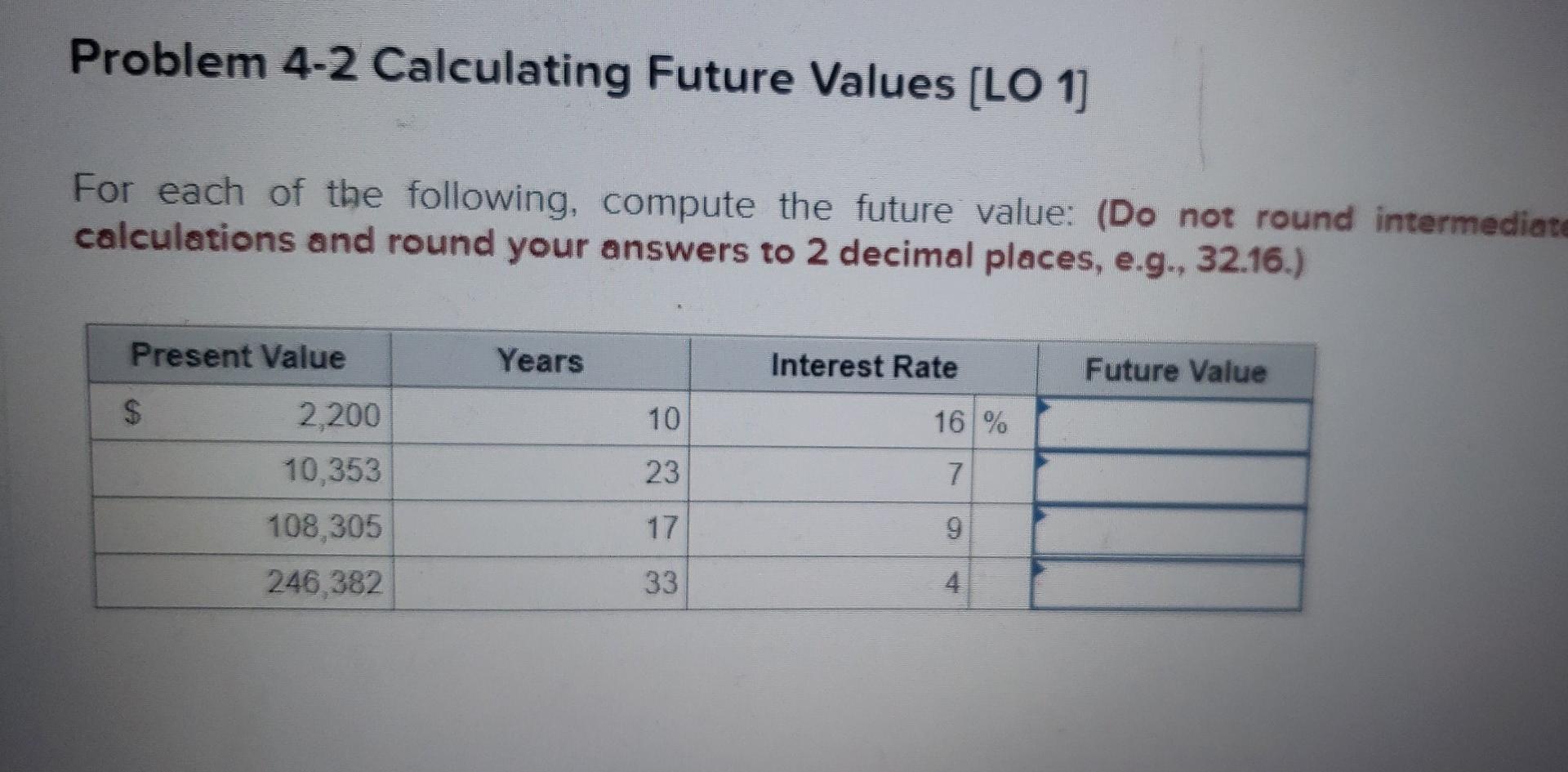 Problem 4-2 Calculating Future Values (LO 1) For each of the