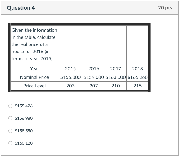  Question 4 20 pts Given the information in the table, calculate