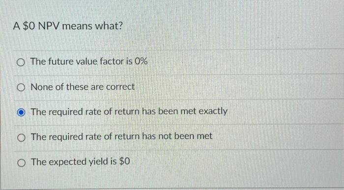  A \$0 NPV means what? The future value factor is 0%