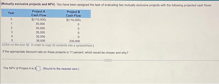  Cash Flow 0 1 0 (Mutually exclusive projects and NPV) You