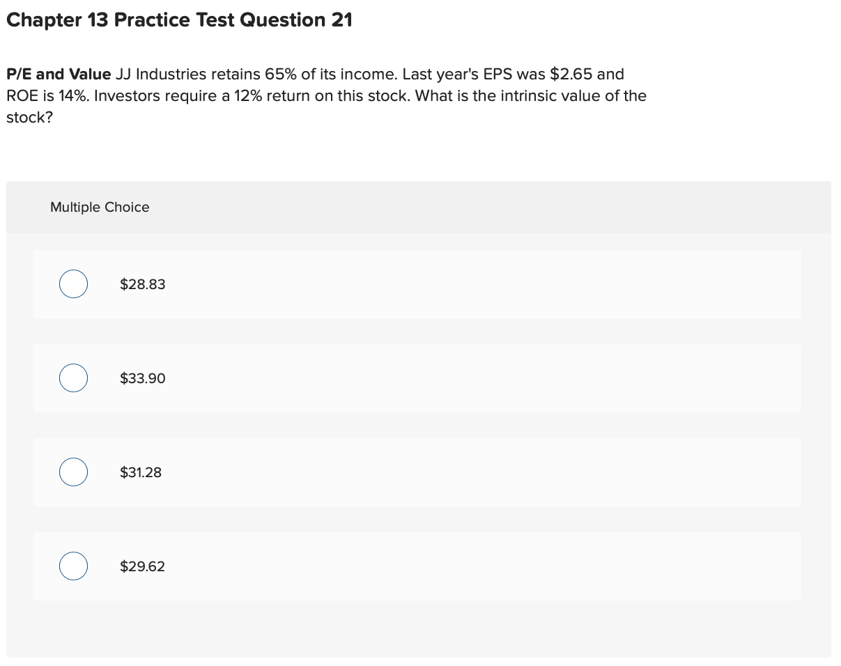  Chapter 13 Practice Test Question 21 P/E and Value JJ Industries