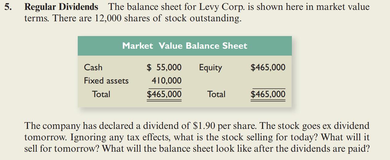 5. Regular Dividends The balance sheet for Levy Corp. is shown