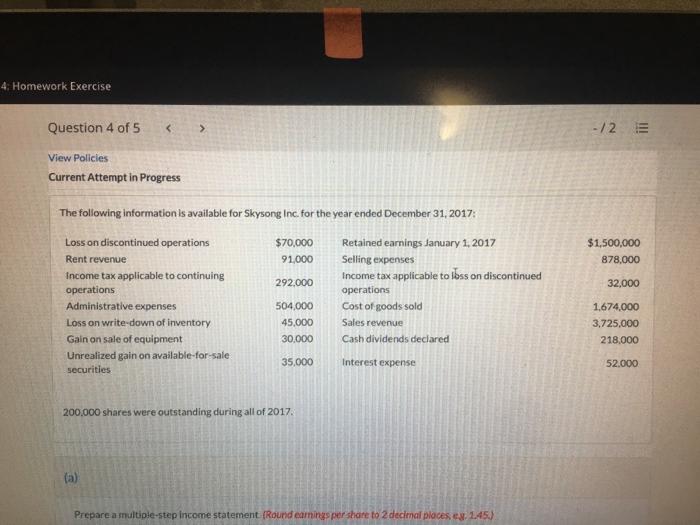  prepare a multiple-step income statement 4 Homework Exercise Question 4 of