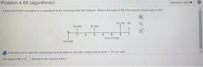  Question Help Problem 4-59 (algorithmic) A sum of $10,000 now (time)