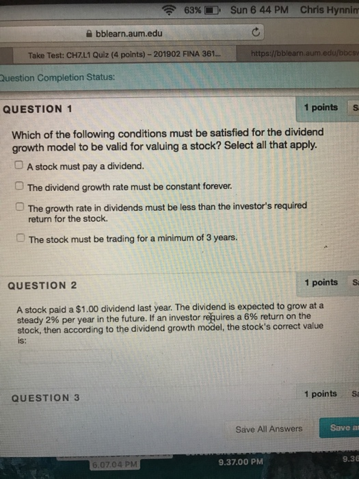  63% Sun 6 44 PM Chris Hynnin e bblearn.aum.edu Take Test: