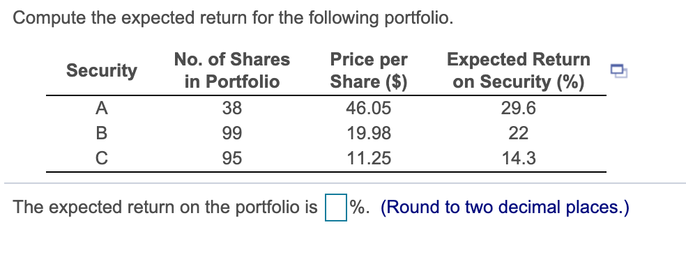 Compute the expected return for the following portfolio. Security No. of