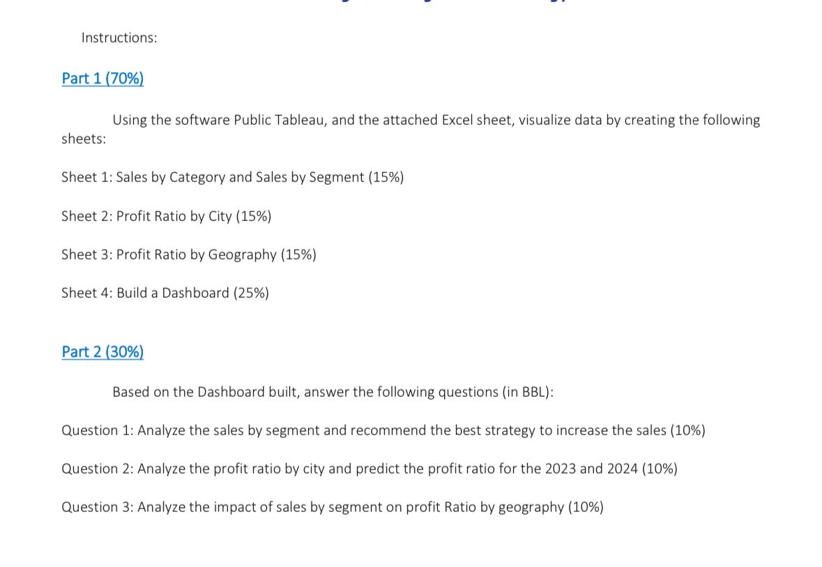 Part 1(70%) Using the software Public Tableau, and the attached Excel