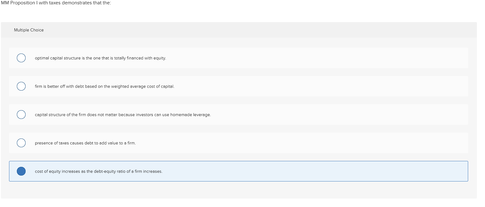  MM Proposition I with taxes demonstrates that the: Multiple Choice optimal