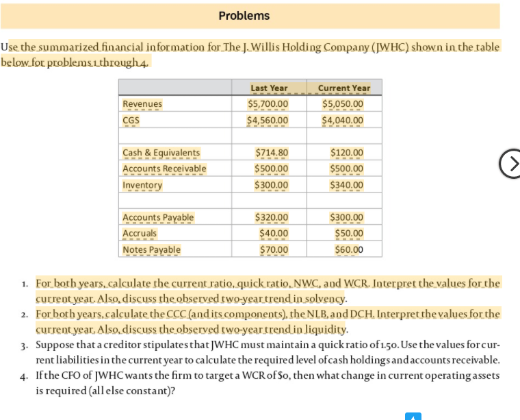  Problems Use the summarized financial information for The J. Willis Holding
