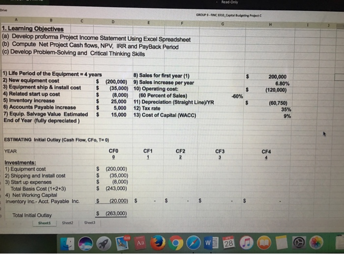  Read-Only GROUP 9-FINC 3310 Capital Budgeting Project C 1.Learning Objectives (a)