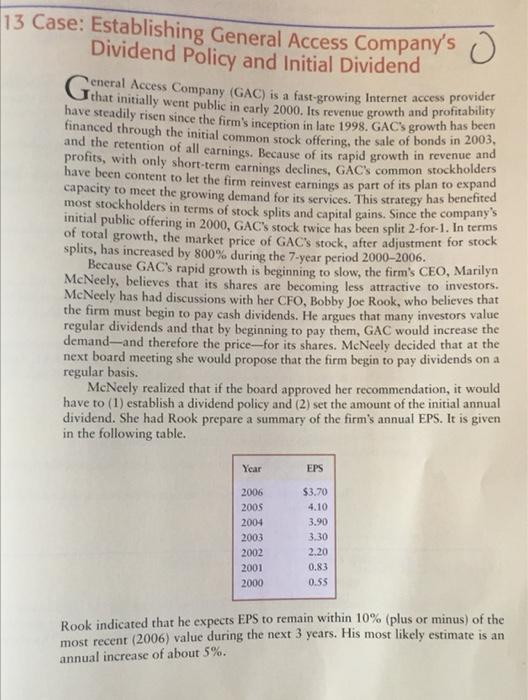 chapter 13 dividend policy case studyplease answer parts a,b,c,d,e Case: Establishing General