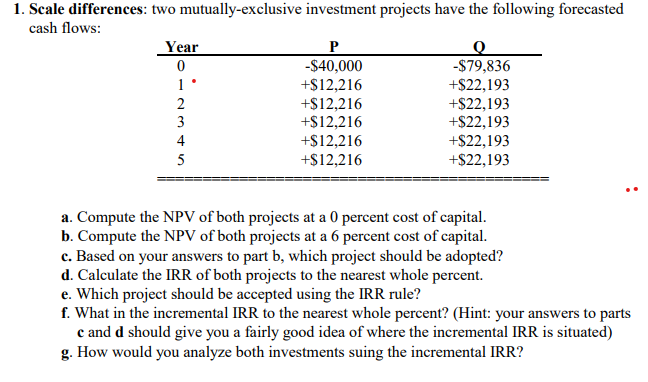 1. Scale differences: two mutually-exclusive investment projects have the following forecasted